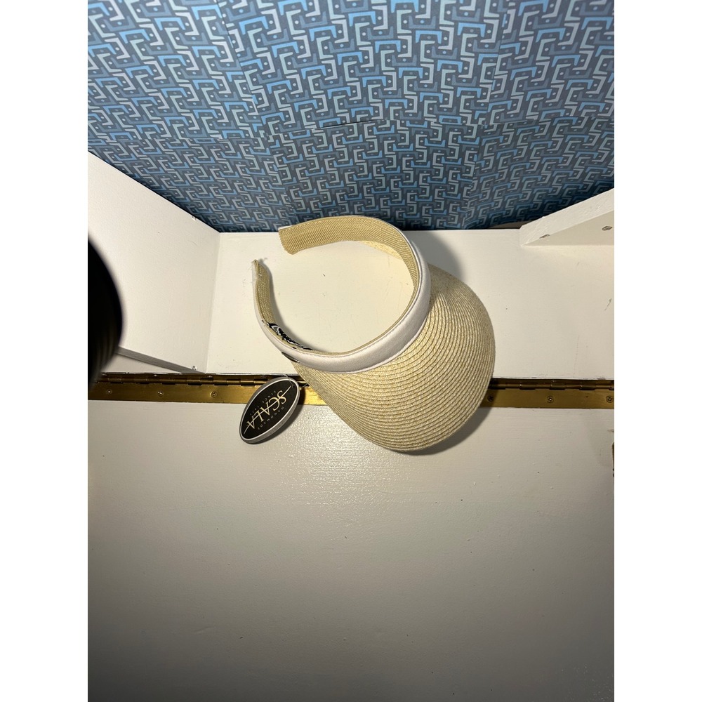 Scala Handmade Paper Straw Visor Tan White Clip On Sun Hat One Size NWT - Picture 2 of 10